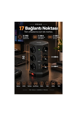 Robeve Fulltech Prime 12 Li Akım Korumalı Kule Priz 3680w - 1050j Koruma, Pd20 Destekli 3 Usb-a + 2 Usb-c, 2 Metre Kablolu Dikey Çoklu Uzatma Prizi Grup Priz 12'li Fiş 12'li Priz 2 M