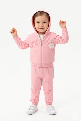 Toontoy Kids Toontoy Kız Çocuk 3'lü Eşofman Takımı Uzun Kollu Bisiklet Yaka Nakışlı T-shirt - Kapüşonlu Fermuarlı Hırka- Beli Paçası Lastikli Eşofman Altı 25040 Pembe