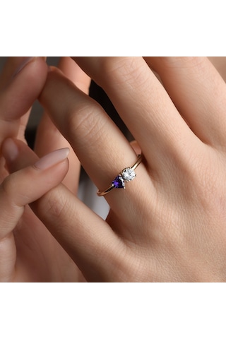 14 Ayar Altın Kaplama Kişiselleştirilebilir Kalp Ve Yuvarlak Renkli Taşlı Yüzük - Rs00108 Altın