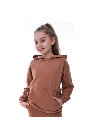 Basic Kapüşonlu Şardonlu Kanguru Cep Detaylı Çocuk Sweatshirt 3-10 Yaş Ekru Kahverengi