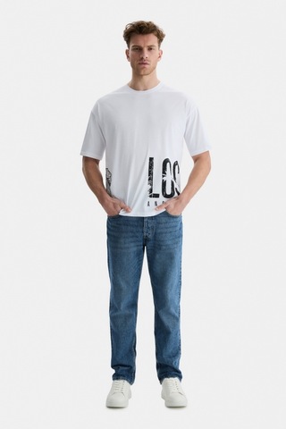 Ucla Ignıso Beyaz Bisiklet Yaka Baskılı Oversize Erkek Tshirt Beyaz
