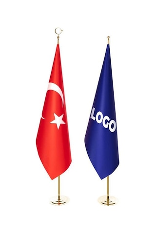 Türk Makam Bayrağı Ve Logolu Makam Bayrağı + Sarı Direk Simsiz Tek Ebat