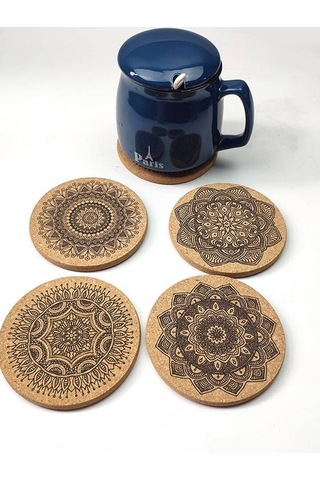Ahşap Mdf Lazer Kesim Kazıma 6 Lı Kahve Fincan Atlığı, Bardak Altlığı, Sunum Açık Kahverengi
