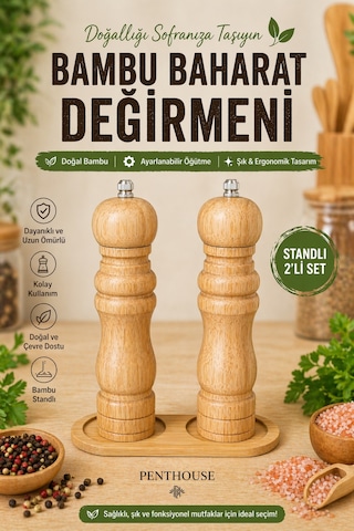 Doğal Bambu Tuz & Karabiber Değirmeni Seti Manuel Öğütücülü Şık Mutfak Seti 2 Li Standlı Açık Bej