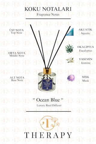 Therapy Smell, Ocean Blue - Lüks Çubuklu Oda Kokusu - 120 Ml - Kare Cam Şişe - Hediyeli Okyanus