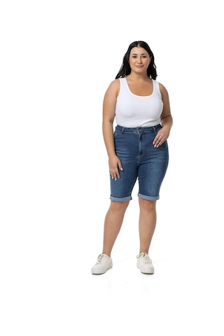 Büyük Beden Paçası Katlamalı Beş Cepli Denim Mavi Şort-mavi Mavi