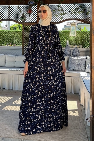 Rabia Şamlı Bihter Mavi Yapraklı Elbise Normal