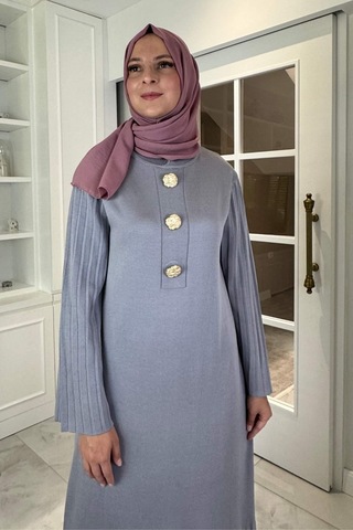 Rabia Şamlı Banu Broşlu Triko Elbise Gri Normal