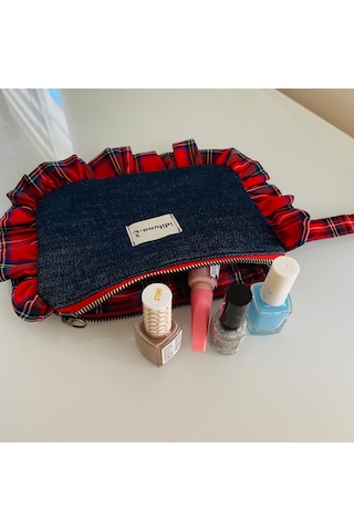 İdiluna Kırmızı Ekose Fırfırlı, Denim Ve Bilek Askılı Makyaj Çantası / Clutch Lacivert Kırmızı
