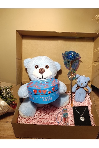 Mavi Kutulu Ayıcık 25cm - Anahtarlık - Dilek Şişesi - Sonsuzluk Gülü - Kalpli Kolye Hediye Seti