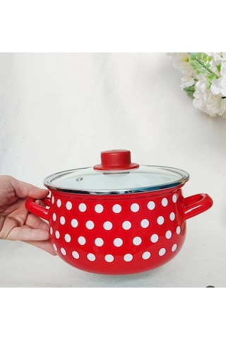 Retro Kırmızı Puantiyeli 20 Cm 3 Litre Emaye Süt Yoğurt Tencere