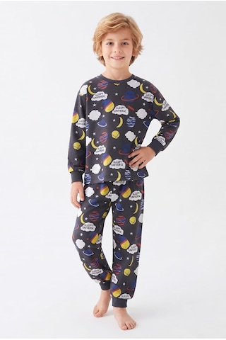 Bunny Hopp %100 Pamuk Süprem Erkek Çocuk Pijama Takımı Füme Uzay Gezegen Desenli Uyku Seti Penye