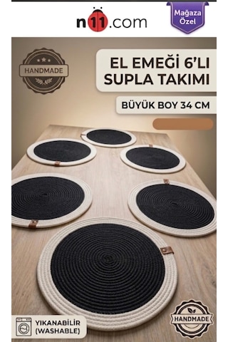 Şık El Yapımı Siyah Beyaz 6'lı Yıkanabilir Supla Takımı. 34cm Büyük Boy Amerikan Servis Siyah-beyaz