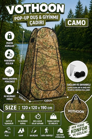 Otomatik Kabin Giyinme Çadırı 120x120x190 Cm Üst Havalandırma Yan Pencereli Duş & Wc Çadırı Kamuflaj