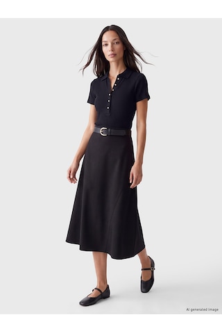 Lcw Everyday Siyah Polo Yaka Kadın Fitilli Tişört