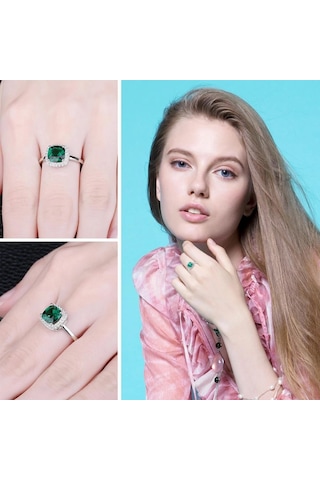 Brezza Lusso Jewelry Zümrüt Taşlı Diamond Tektaş Kare Kadın Gümüş Yüzük 13