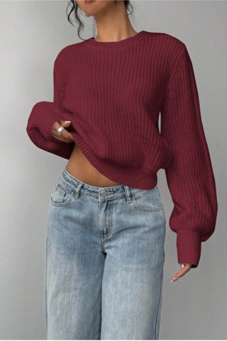 Tarz Cool Kadın Bordo Oversize Bisiklet Yaka Balon Kol Fitilli Triko Kazak Bordo