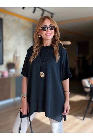Zennamoda Kadın Bisiklet Yaka Kısa Yarasa Kollu Yanları Yırtmaçlı Oversize Dökümlü Merserize Bluz Siyah