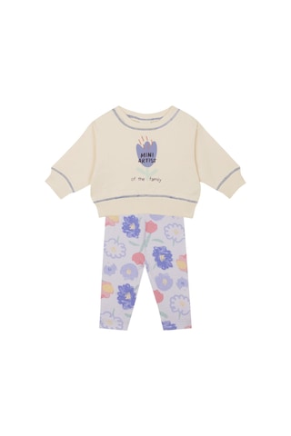 Antebies Organik Lila Çiçek Desenli Manşetli Kız Bebek Sweatshirt Tayt Takımı Mor