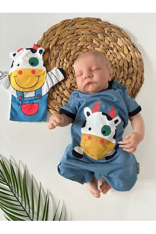 İnek Baskılı Soğuk Mavi Tulum Kukla Hediyeli Mavi