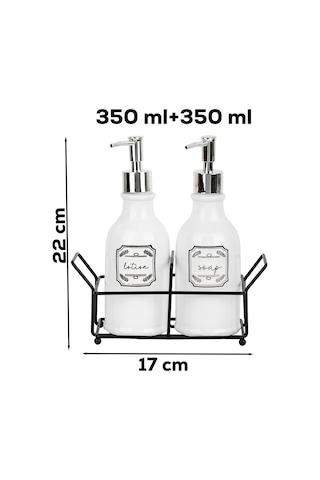 Porsima 3115 Gümüş Kapaklı Porselen 2li Sıvı Sabunluk Beyaz 700 Ml Beyaz
