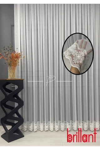 Tül Perde Brillant Marka Su Yolu Yonca Desen Ttm Zemin Kumaş Ultra Dökümlü Ekru