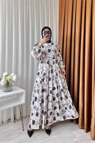 Neşeli Butik Kadın Keten Desenli Tesettür Elbise Sms002 - Siyah Siyah