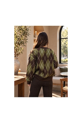 Cloudymood Kadın Bordo Lacivert Baklava Desenli Bisiklet Yaka Oversize Triko Kazak Kahverengi-haki - 937711675 Kahverengi-haki