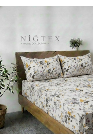 Niğtex Çiçekli Battal Boy Lastikli Çarşaf Seti Sarı Beyaz