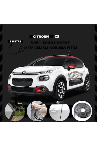 Citroen C3 Oto Araç Kapı Koruma Fitili 5metre Parlak Siyah Renk