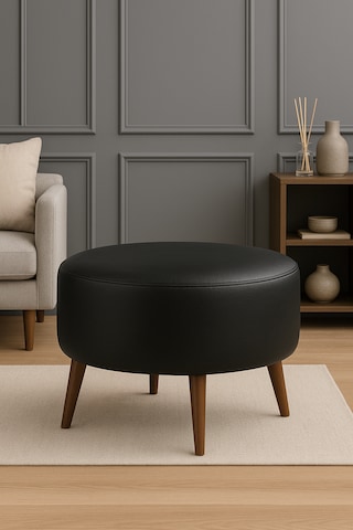 Large Büyük Yuvarlak Modern Puf - 60 Cm - Deri Kumaş - Siyah