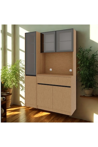 Nordıc Wood Led Li Kahve Köşesi Ünitesi Sol Vitrinli Füme Cam Komple Mdf Modern Mutfak Dolabı Kahverengi