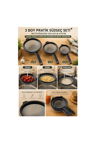 Porsima Et-00120 Tencereye Takılabilen 3 Boy Tel Süzgeç Seti