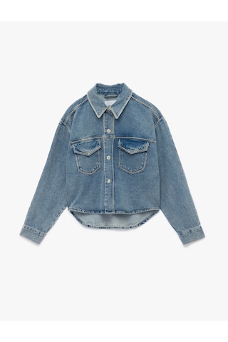 Koton Klasik Yaka Uzun Kollu Pamuklu Düğmeli Cepli Taşlı Denim Ceket Açık İndigo 6wal50005md Açık Indigo