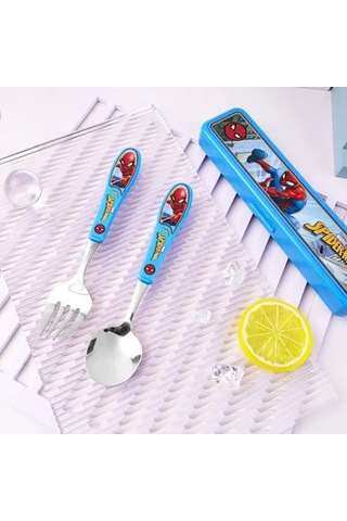 Fastbuy 3'lü Paslanmaz Çelik Örümcek Adam Kaşık Çatal Seti, Ahşap Kutulu, Taşınabilir Yeniden Kullanılabilir Sofra Takımı Ahşap