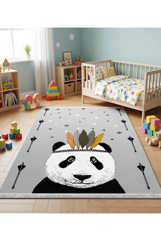Sevimli Panda Çocuk Odası Halısı Gri