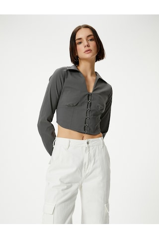 Koton Gömlek Yaka Crop Bluz Slim Fit Uzun Kollu Korse Görünümlü Antrasit 4sal60148ıw 4SAL60148IW924 Antrasit