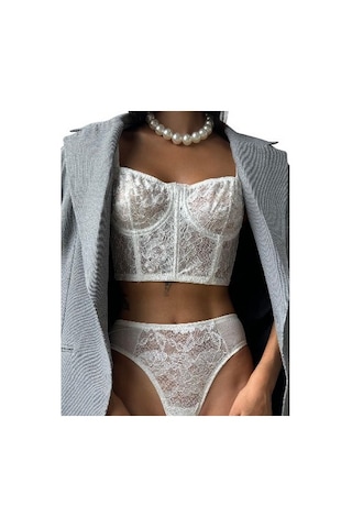 Onsekiz18shop İçi Boş Gümüş Simli Çiçekli Tül Beyaz Büstiyer Takım
