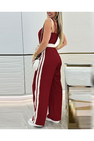 Ahes Shopping Kadın Ip Askılı Straplez Belden Kuşaklı Viskon Iki Iplik Tulum Bordo