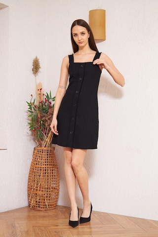 Darlin Moda Siyah Askılı Düğme Detaylı Mini Elbise DM1011 Siyah