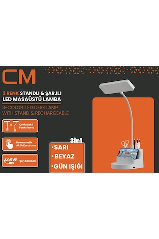 Cm 3 Renkli Standlı Şarjlı Masaüstü Led Lamba Şekil Değiştirebilir Tasarım Beyaz