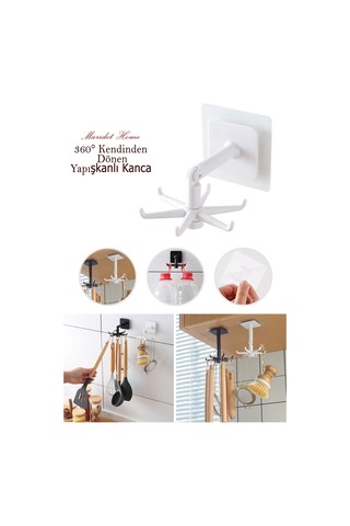 360 Dönen Altı Kancalı Çok Amaçlı Yapışkanlı Askı Mutfak Banyo Takı Askısı - 4 Adet Beyaz