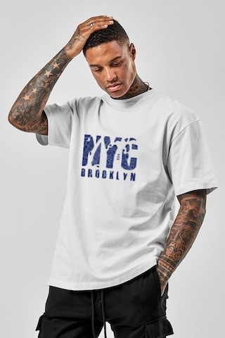Erkek Beyaz Oversize Nyc Baskılı T-shirt Beyaz