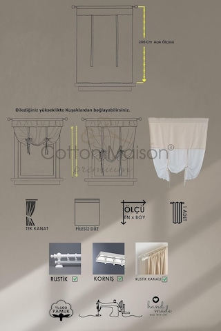 Cotton Maison Potlu Tül Perde Retro 120x200, 120 X 200, 4464, Krem Çok Renkli