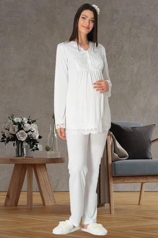 Mecit Pijama Mecit 1517 Bayan Hamile Lohusa Ekru Sabahlıklı Pijama Takımı