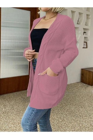 Aqe Fashion Örgü Şeritli Rahat Kalıp Esnek Cepli Kadın Pudra Triko Hırka Pudra