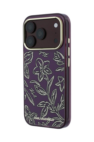 Apple iPhone Uyumlu 18 Pro Kılıf Karl Lagerfeld Lisanslı M-safeli Gold Kamera Çerçeveli Çiçek Tasarım Kapak Bordo
