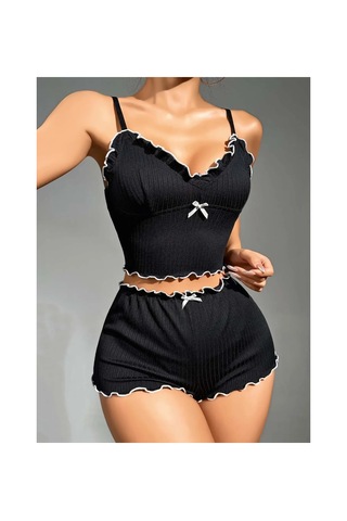 Kadın Siyah Fitilli Askılı Şortlu Pijama Takım 5042