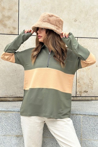 Kadın Haki Uzun Kol, Dik Yaka, Fermuarlı, Double Color Block Basic Sweatshirt Bluz Haki