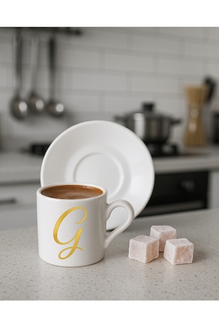 Türk Kahvesi Fincanı Harf, Espresso Fincanı Harf Beyaz - Altın19